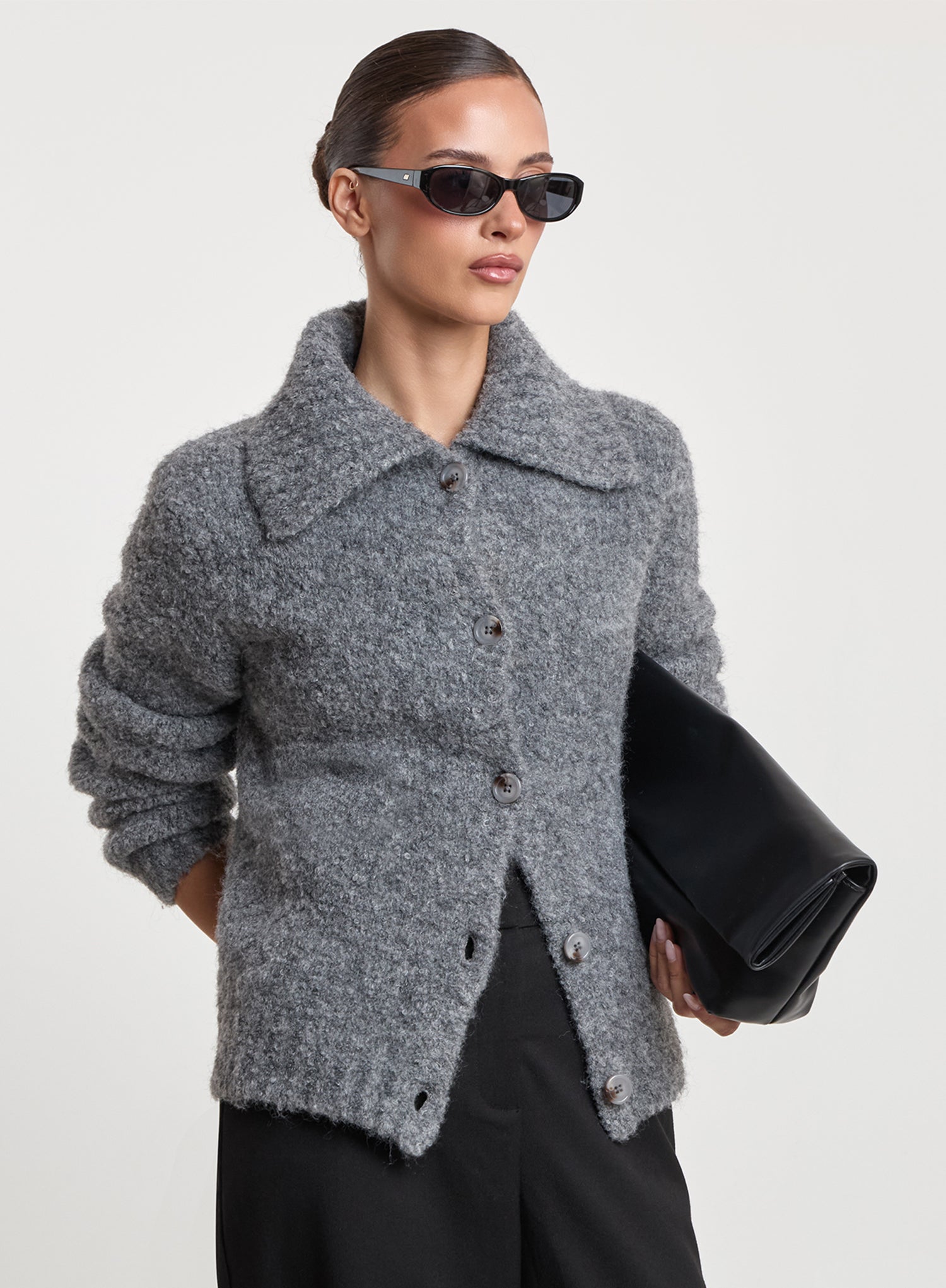 Dark Grey Knitted Collared Cardigan